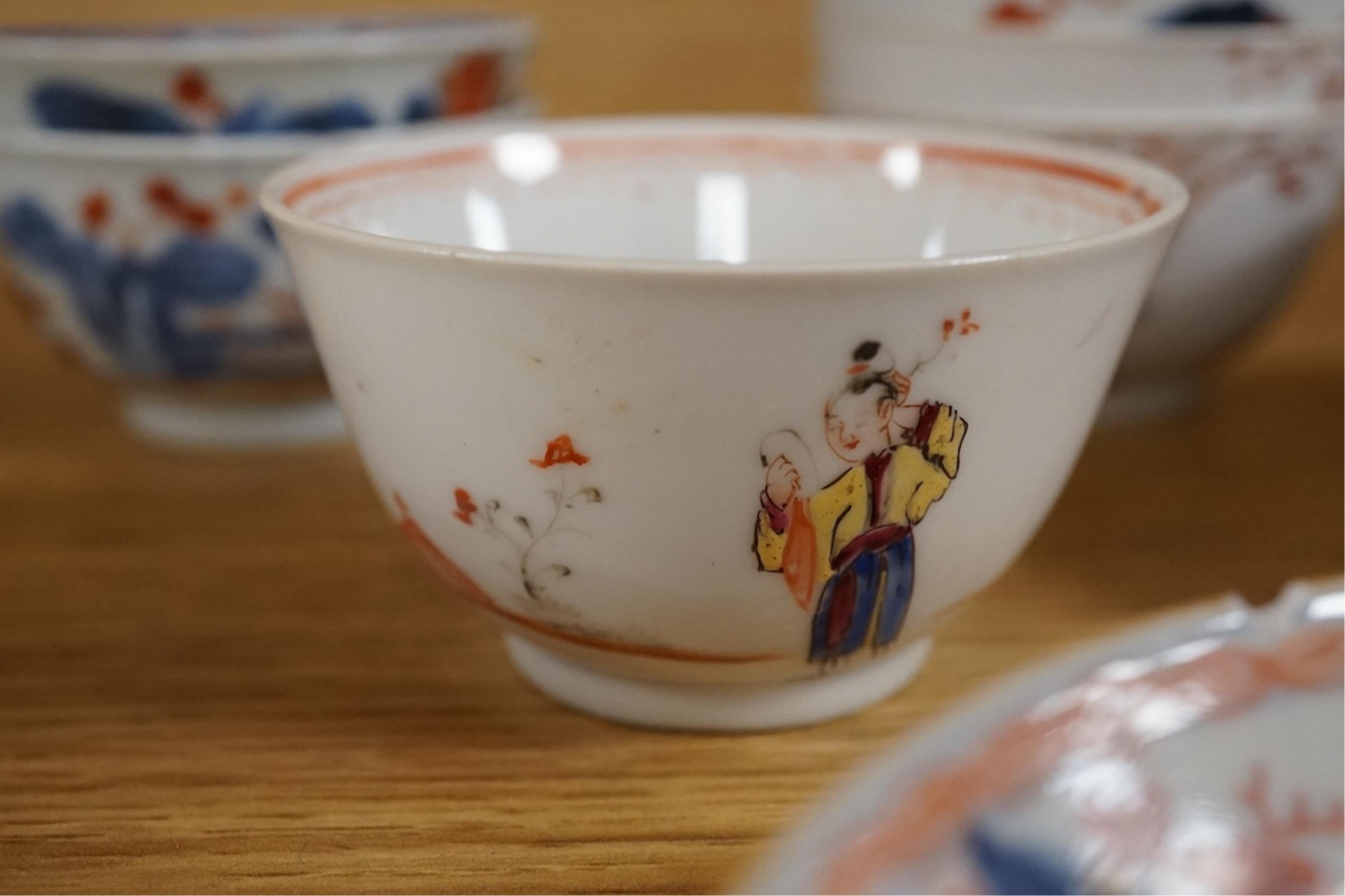 Four 18th century Chinese Imari teabowls and saucers, and a set of five 18th century famille rose teabowls and saucers, saucers 11.5cm